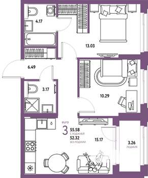 3-к квартира, вторичка, 56м2, 4/25 этаж