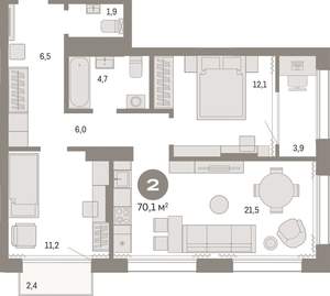 2-к квартира, вторичка, 70м2, 13/17 этаж
