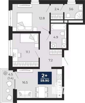 2-к квартира, вторичка, 60м2, 12/14 этаж
