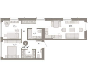 2-к квартира, вторичка, 65м2, 3/16 этаж
