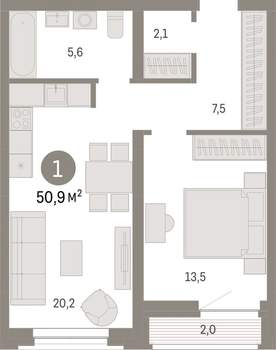 1-к квартира, вторичка, 51м2, 5/10 этаж