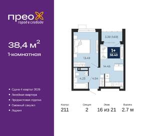 1-к квартира, вторичка, 38м2, 16/21 этаж