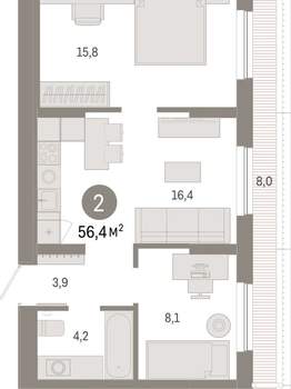 2-к квартира, вторичка, 56м2, 7/17 этаж