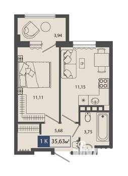 1-к квартира, строящийся дом, 36м2, 1/4 этаж