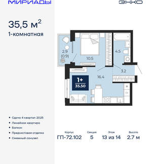 1-к квартира, вторичка, 36м2, 13/16 этаж