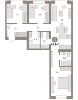 3-к квартира, вторичка, 88м2, 5/16 этаж