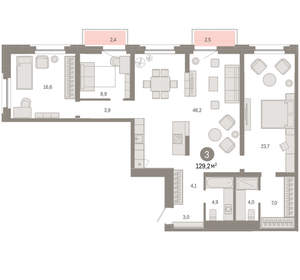 3-к квартира, вторичка, 129м2, 3/16 этаж
