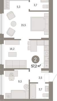 2-к квартира, вторичка, 57м2, 2/17 этаж
