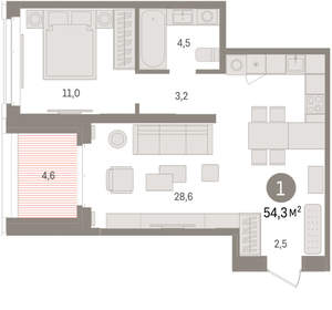1-к квартира, вторичка, 54м2, 4/16 этаж