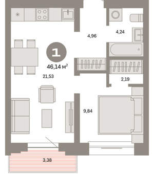 1-к квартира, вторичка, 46м2, 5/8 этаж