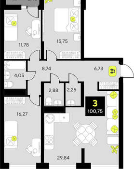 3-к квартира, вторичка, 101м2, 11/19 этаж