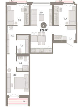 3-к квартира, вторичка, 88м2, 6/16 этаж