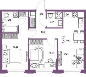 3-к квартира, вторичка, 56м2, 17/25 этаж