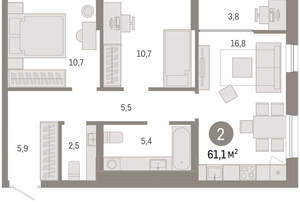 2-к квартира, вторичка, 61м2, 12/17 этаж