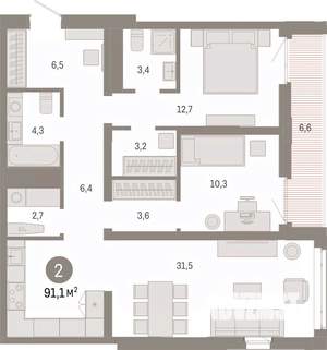 2-к квартира, вторичка, 91м2, 8/25 этаж