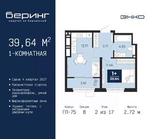 1-к квартира, вторичка, 40м2, 2/17 этаж