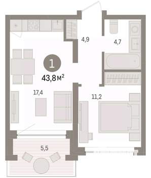1-к квартира, вторичка, 44м2, 2/7 этаж