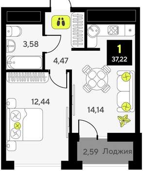 1-к квартира, вторичка, 37м2, 11/14 этаж