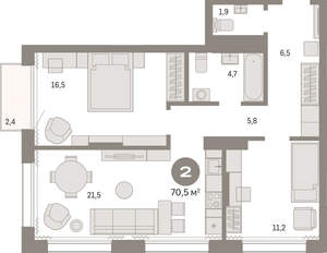 2-к квартира, вторичка, 71м2, 15/17 этаж