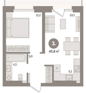 1-к квартира, вторичка, 46м2, 7/9 этаж