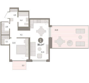 1-к квартира, вторичка, 80м2, 5/9 этаж