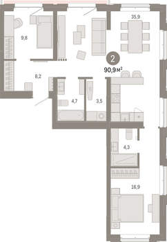 2-к квартира, вторичка, 91м2, 4/11 этаж