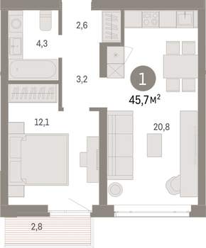 1-к квартира, вторичка, 46м2, 7/25 этаж