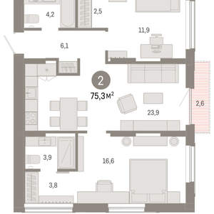 2-к квартира, вторичка, 75м2, 13/17 этаж