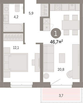 1-к квартира, вторичка, 47м2, 3/11 этаж