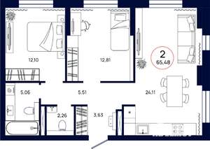 2-к квартира, вторичка, 65м2, 7/17 этаж