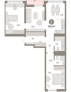 2-к квартира, вторичка, 85м2, 4/9 этаж