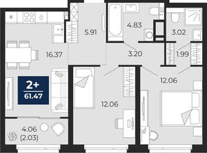 2-к квартира, вторичка, 64м2, 20/22 этаж