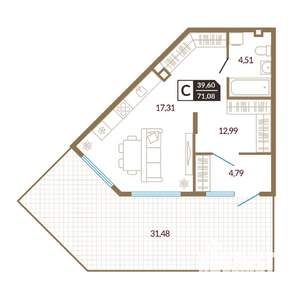 1-к квартира, вторичка, 40м2, 1/4 этаж