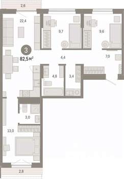 3-к квартира, вторичка, 82м2, 6/7 этаж