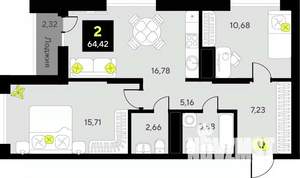 2-к квартира, вторичка, 64м2, 9/19 этаж