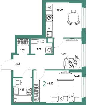 2-к квартира, вторичка, 47м2, 7/25 этаж