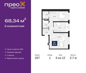 2-к квартира, вторичка, 68м2, 5/22 этаж