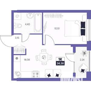 1-к квартира, вторичка, 34м2, 16/24 этаж