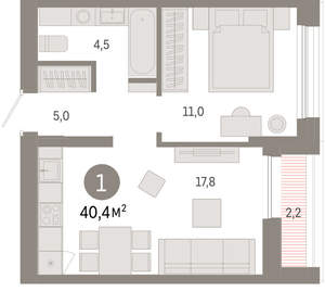 1-к квартира, вторичка, 40м2, 8/17 этаж