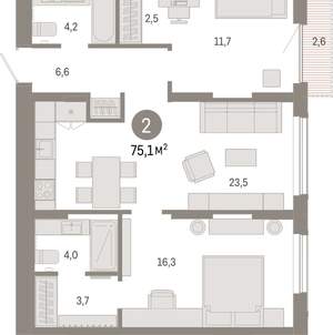 2-к квартира, вторичка, 75м2, 8/17 этаж
