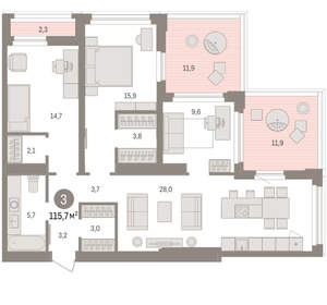 3-к квартира, вторичка, 116м2, 13/25 этаж