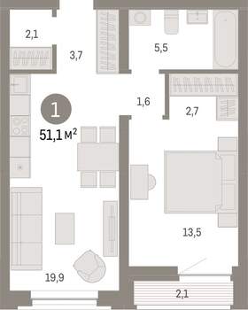 1-к квартира, вторичка, 51м2, 3/10 этаж