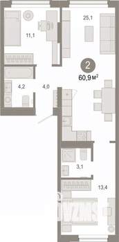 2-к квартира, вторичка, 61м2, 2/9 этаж