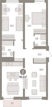 2-к квартира, вторичка, 92м2, 6/10 этаж