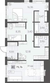2-к квартира, вторичка, 76м2, 1/17 этаж