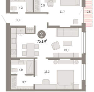 2-к квартира, вторичка, 75м2, 8/17 этаж