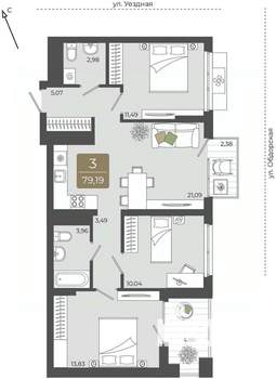 3-к квартира, вторичка, 79м2, 13/15 этаж
