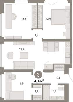 3-к квартира, вторичка, 77м2, 4/16 этаж