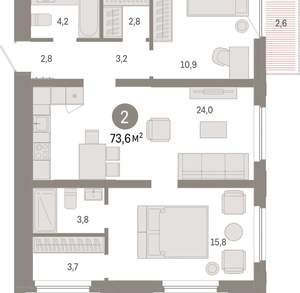 2-к квартира, вторичка, 74м2, 14/16 этаж