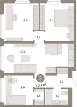 3-к квартира, вторичка, 77м2, 8/16 этаж
